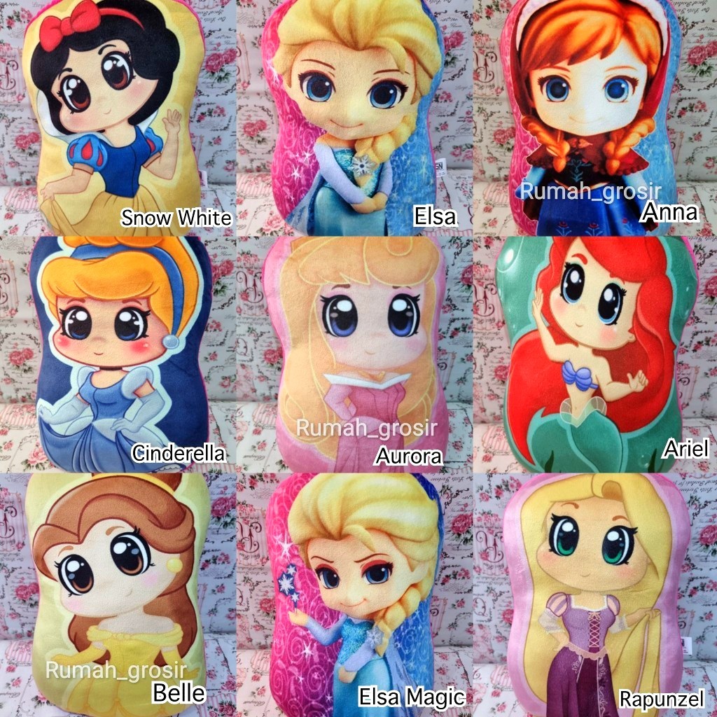 Boneka Bantal Princess Imut Elsa Anna Frozen Snow White Belle Cinderella Rapunzel Aurora