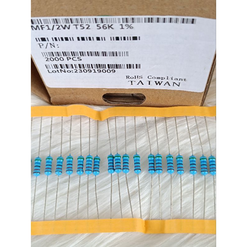 100 pcs resistor 1/2 watt 56K biru kaki TEMBAGA R 1/2 w 56k renteng