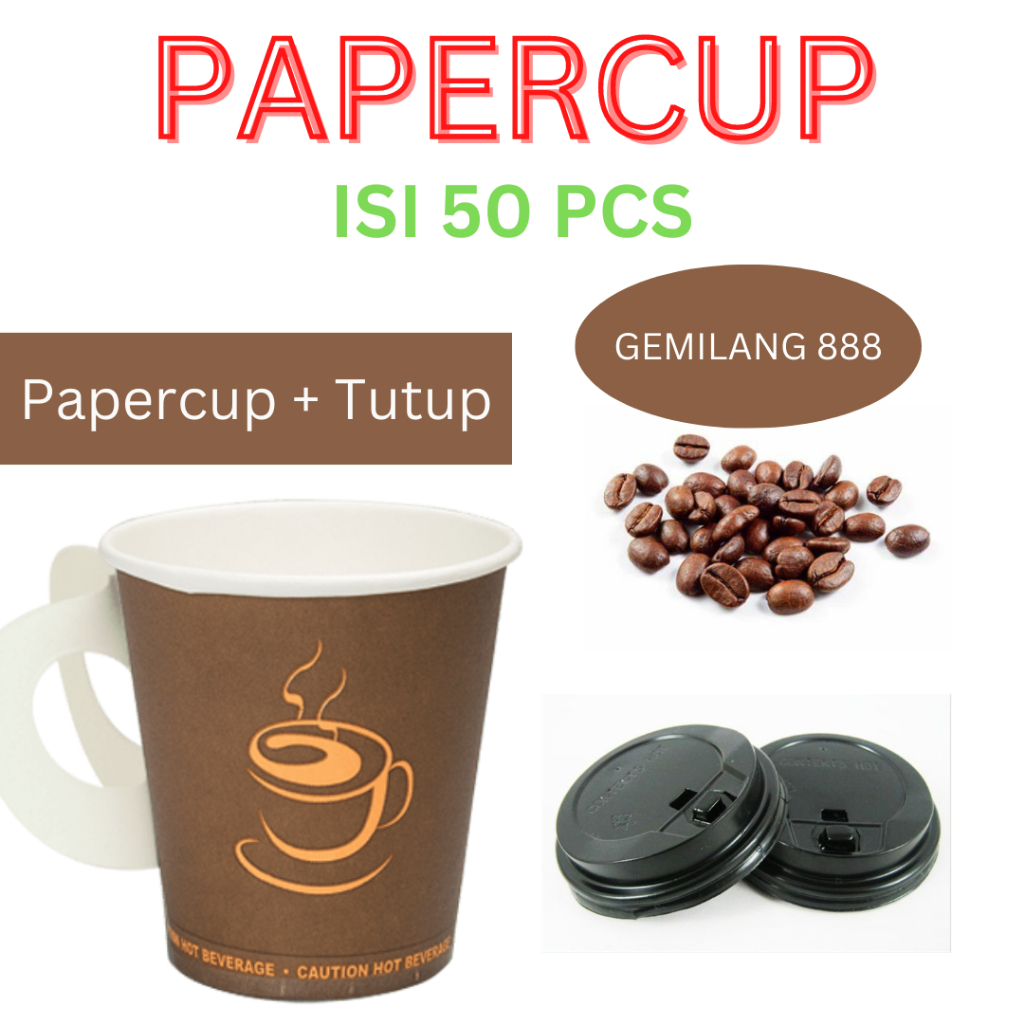 PaperCup Kuping / Gelas  kertas Gagang + Tutup (isi 50pcs), Paper cup, Gelas Kertas, Gelas Kopi
