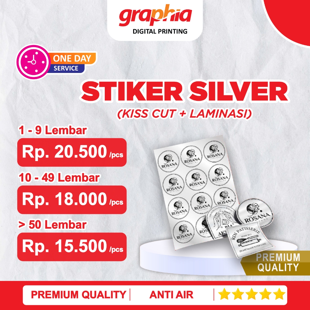 

< PAKET LENGKAP > Print Sticker Silver + Kiss Cut + Laminasi Glossy / Doff A3+