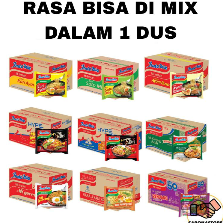 

Grosir Indomie Goreng, Soto, Ayam Bawang, Hype Abis, Kari Ayam BISA MIX 1 Dus Isi 40 pcs