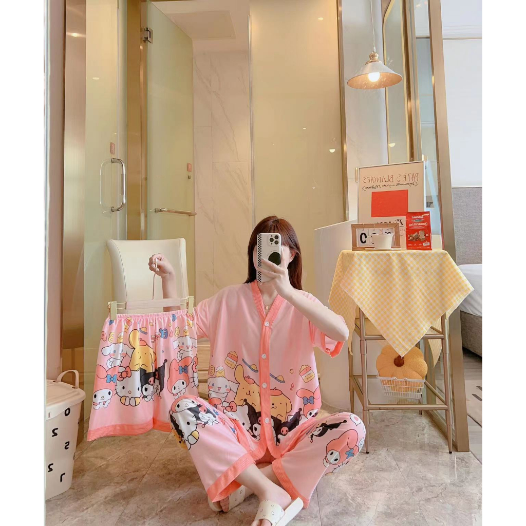 3 in 1 Baju Set Baju Tidur Wanita Dewasa Piyama Set Kekinian Model Kemeja CP Kotak Series B1