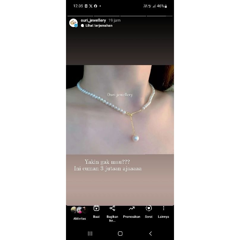 kalung emas 18 karat mutiara tawar super asli lombok