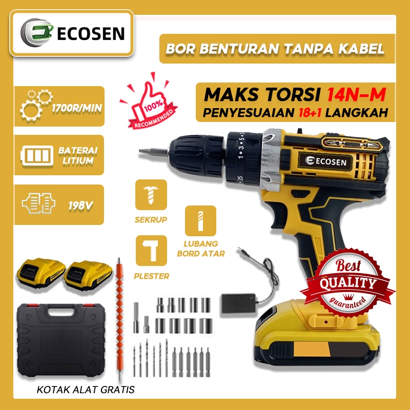 ECOSEN 198V Mesin Bor Baterai Tangan Cordless Drill Battery Drill Cordless Electric Drill  Besi Kayu