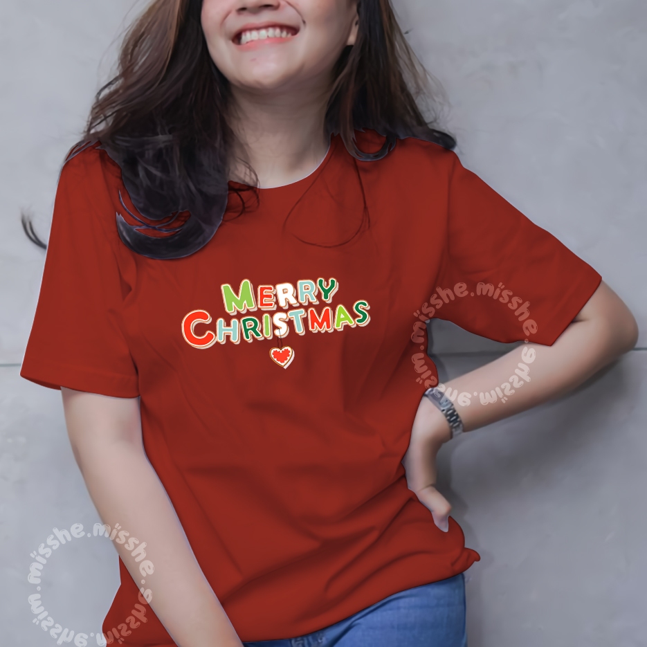 COD ID - Tshirt Motif Kaos natal crismas emboss Merry / Kaos Katun Wanita / Baju Kaos Wanita Terbaru
