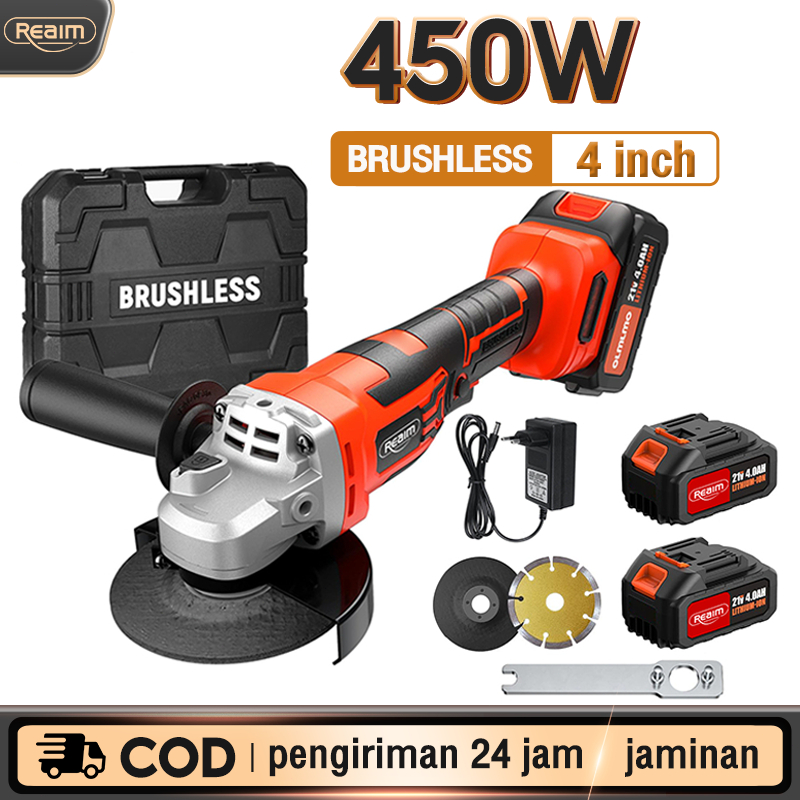 REAIM 【Brushless】 450W Gerinda Baterai 4Inch Mesin Gerinda Baterai Tangan Cordless Angle Grinder Mes