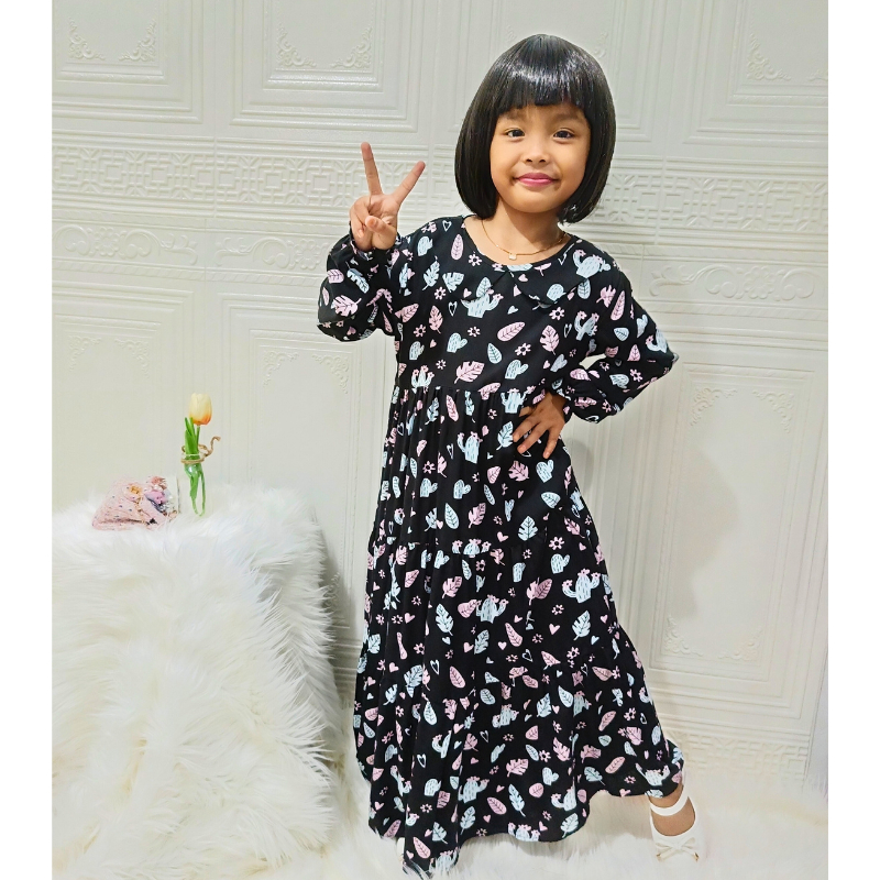 Gamis Anak Motif | Gamis Rampel Simple | Gamis Premium Warna Hitam | Yasta Fashion