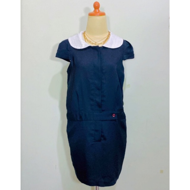 Dress midi vintage bahan premium cotton polyester tebal kerah sailor peterpan collar motif polos war