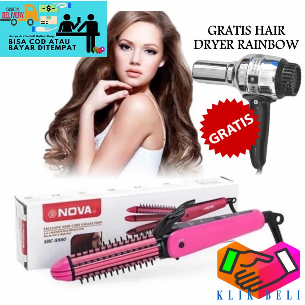 PROMO Nova NHC-8890 Catokan Rambut 3 IN 1 Alat Catok Keriting Pelurus Rambut + GRATIS Hair Dryer Rainbow Pengering Rambut Hair Drayer
