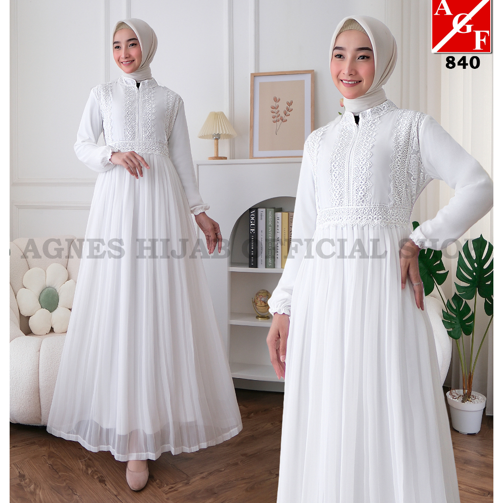 Paling Dicari.. Agnes Hijab - Fujhy Dress Baju Gamis Putih Wanita Brukat Baju Lebaran Umroh Haji Bus