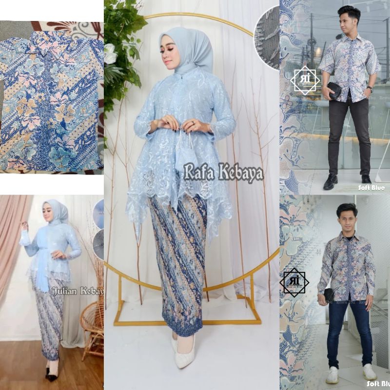 Set Kebaya Couple Tunik Baby Blue/ Baju Batik Couple / Couple Kebaya Keluarga