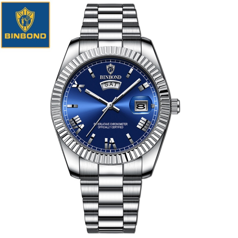 BINBOND B7033 Jam Tangan Pria Anti Air DayDate Angka Romawi Original Homage