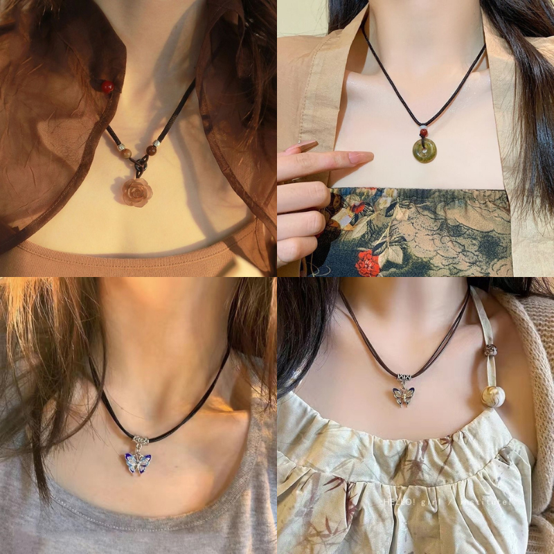 Kalung Retro Manik-manik Hitam dengan Tali untuk Wanita