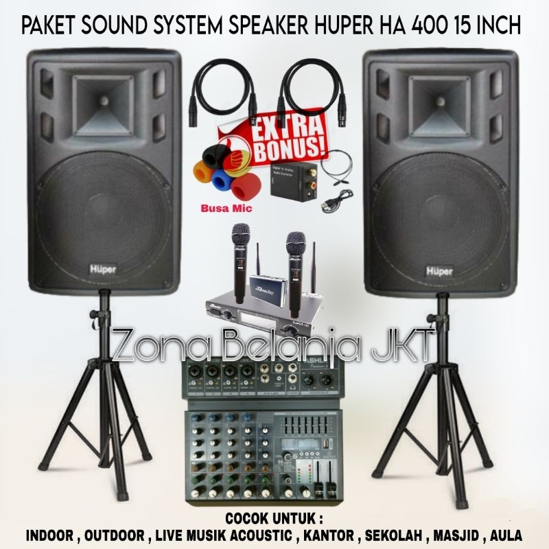 PAKET SOUND SYSTEM INDOOR OUTDOOR SPEAKER HUPER HA 400 15 INCH AKTIF MIXER 6 CHANNEL USB BLUETOOTH M
