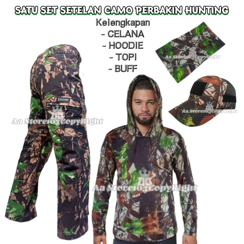 SATU SET SETELAN CAMO PERBAKIN HUNTING - SERAGAM CAMO OUTDOOR BAJU BERBURU