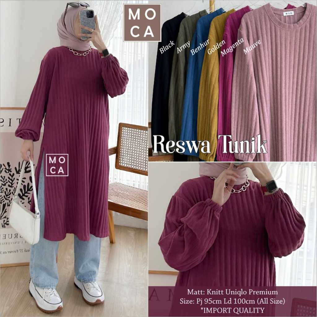 RESWA TUNIK KNIT UNIQLO PREMIUM POLOS ATASAN BAJU WANITA CASUAL MODEL KEKINIAN LONG TUNIK LENGAN PAN