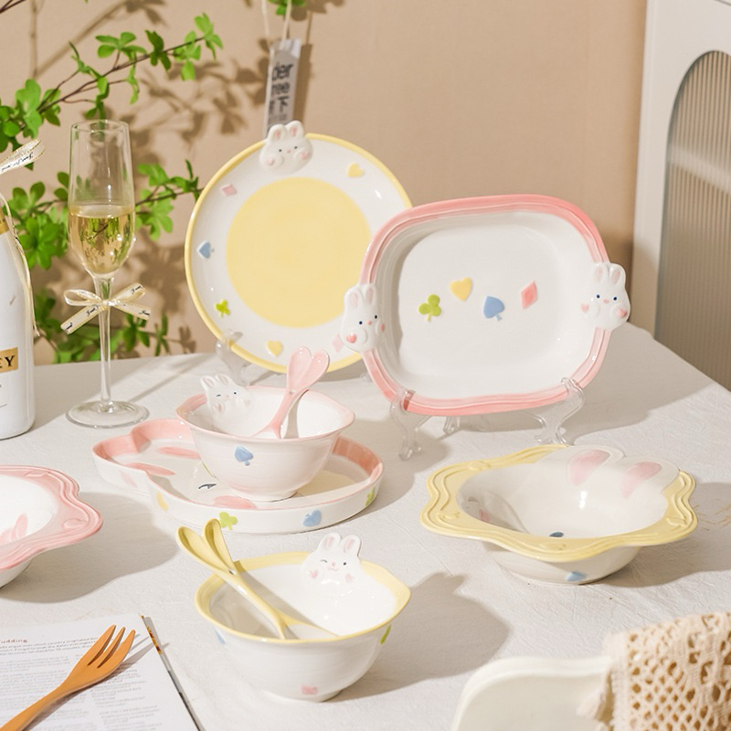 Piring Mangkok Keramik Motif Rabbit / Kelinci / Unicorn Warna Warni ala Korea Jepang Tahan Panas / C