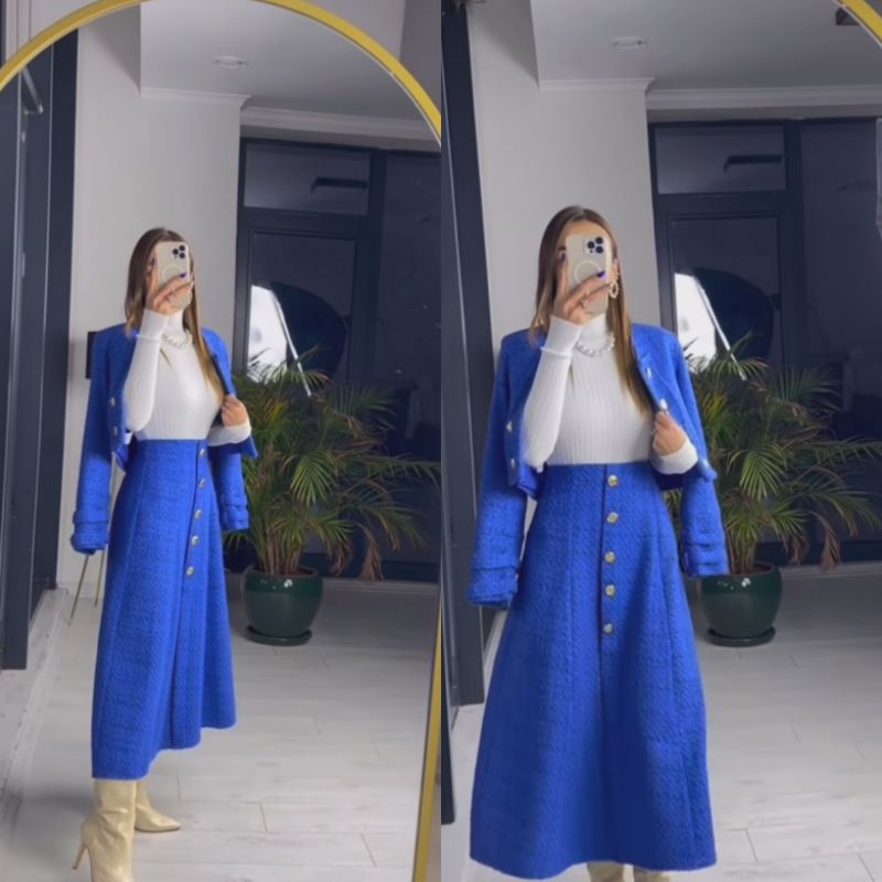 set blue tweed blazer tag+skirt