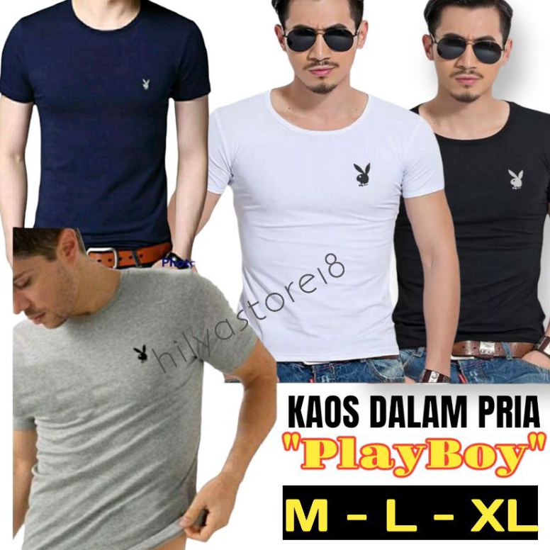 Muraaaahh.. Baju Kaos Dalam Pria Oblong Singlet T-Shirt Playboy Body Fit Bahan Katun Putih Hitam abu