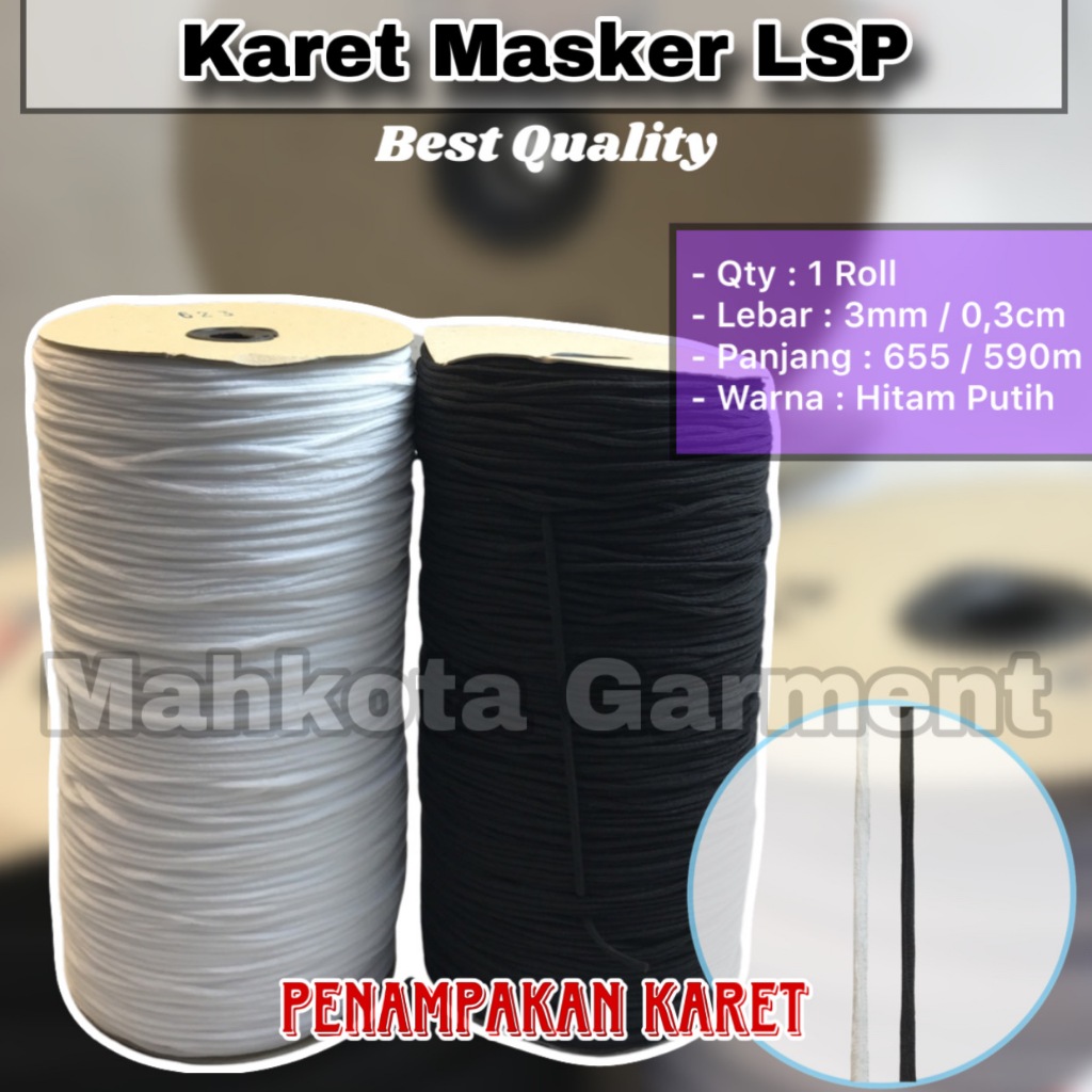 Karet Masker LSP Rollan / Gulungan | Karet elastis elastik masker 3mm / 0,3cm panjang 655 yard/Roll 