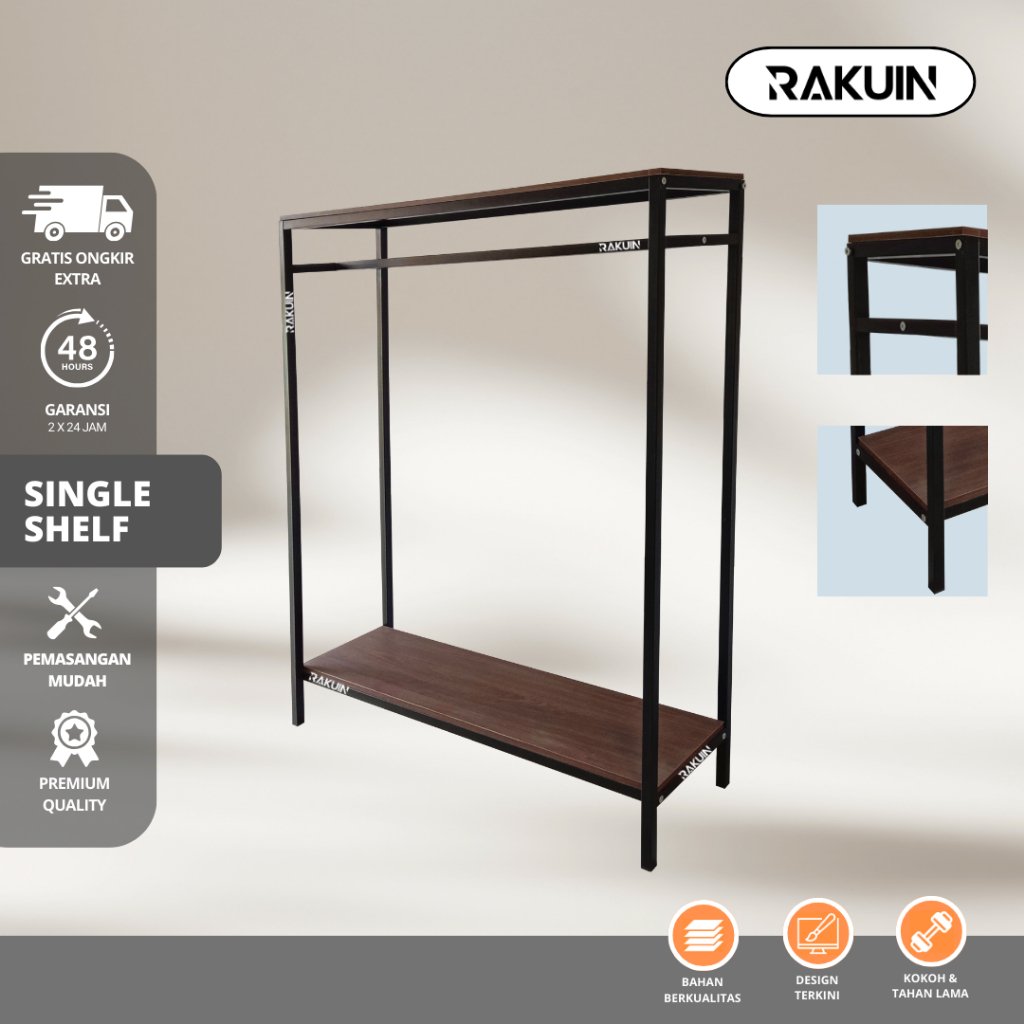 RAK SINGLE SHELF GAWANG BAJU MINIMALIS BESI DAN KAYU FURNITURE DISPLAY BAJU-GAMIS/ BESI KOKOH-RAKUIN