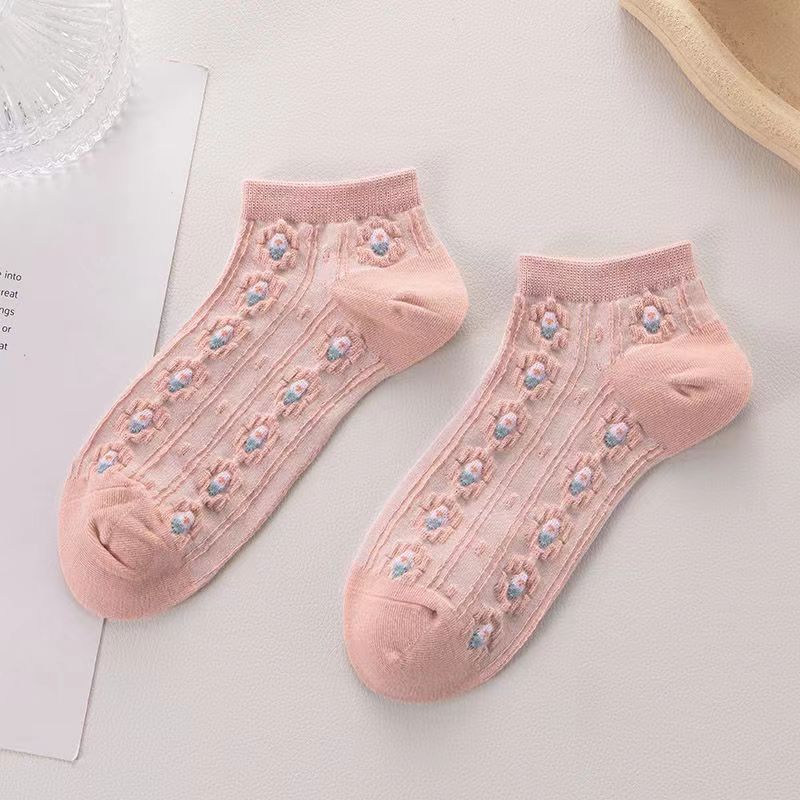 •YF•KK1434 Kaos Kaki Pendek Wanita Motif Bunga Flower Pink Semata Kaus Kaki Socks Korean Fashion