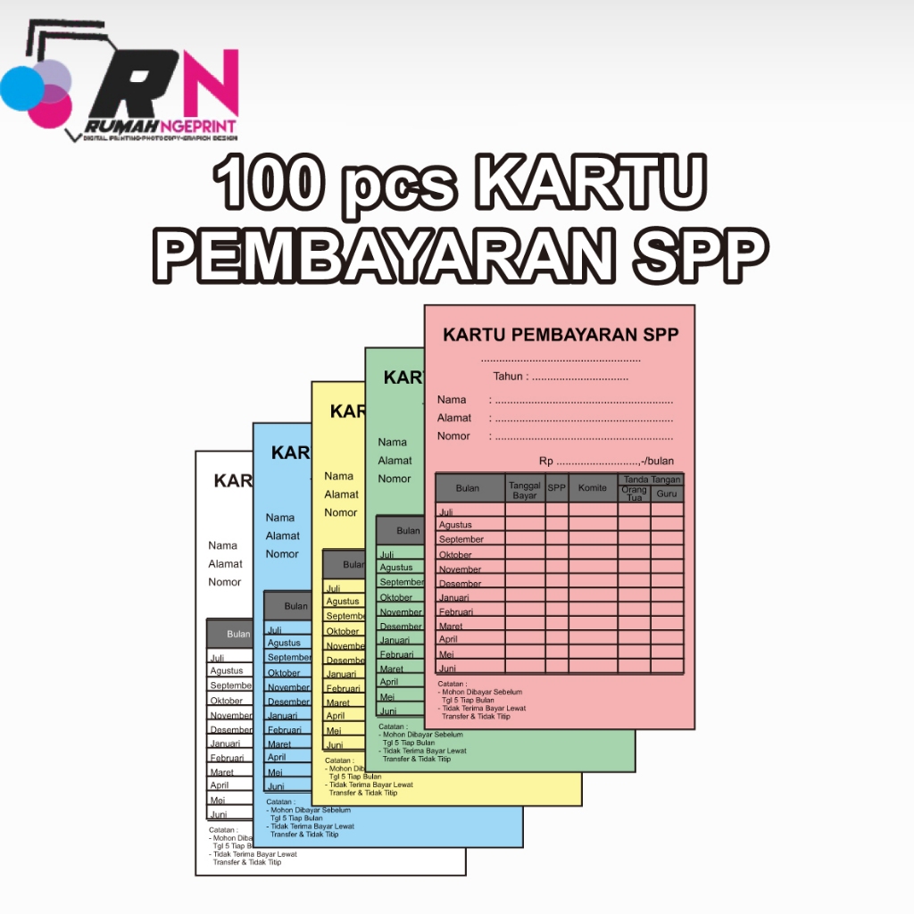 

100pcs Kartu PEMBAYARAN SPP ada ttd orang tua & guru