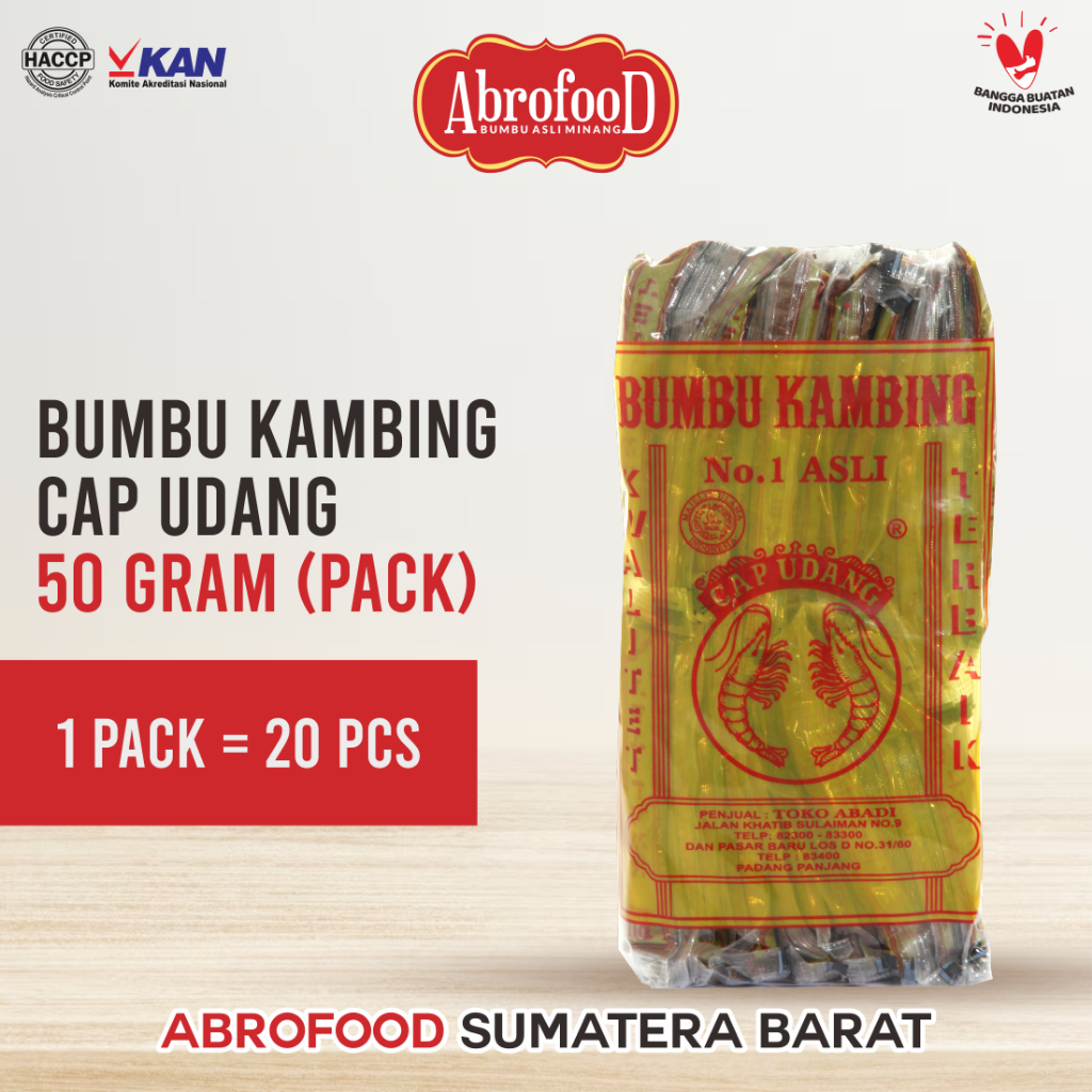 

Bumbu Kambing Cap Udang 50 gram (Pak / 20 Pcs)