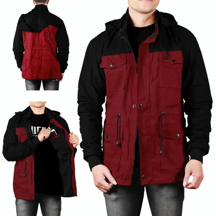 Jaket Parka Pria Korean Style Kombinasi Polos Tebal Hitam Maroon Ukuran L Sampai XXL