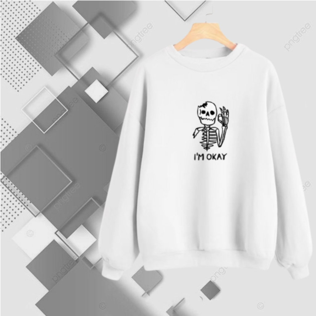 sweater crewneck pria distro warna Putih sablon Im Okay Sweater pria distro keren Ori