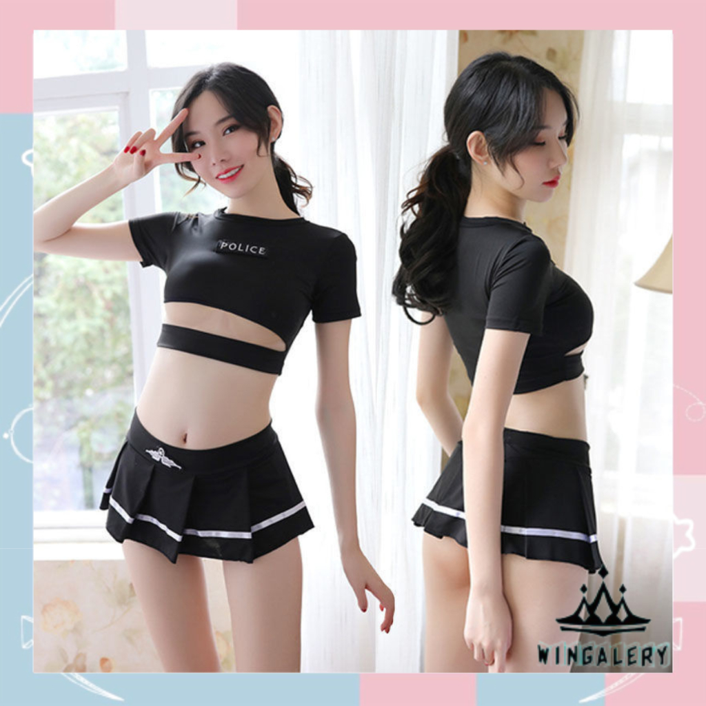 WINGALERY Baju Tidur Crop Top + Rok Pendek Lingerie Import Wanita 3034