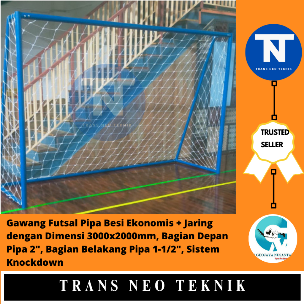 Gawang Futsal Pipa Besi Ekonomis + Jaring dengan Dimensi 3000x2000mm, Bagian Depan Pipa 2", Bagian B
