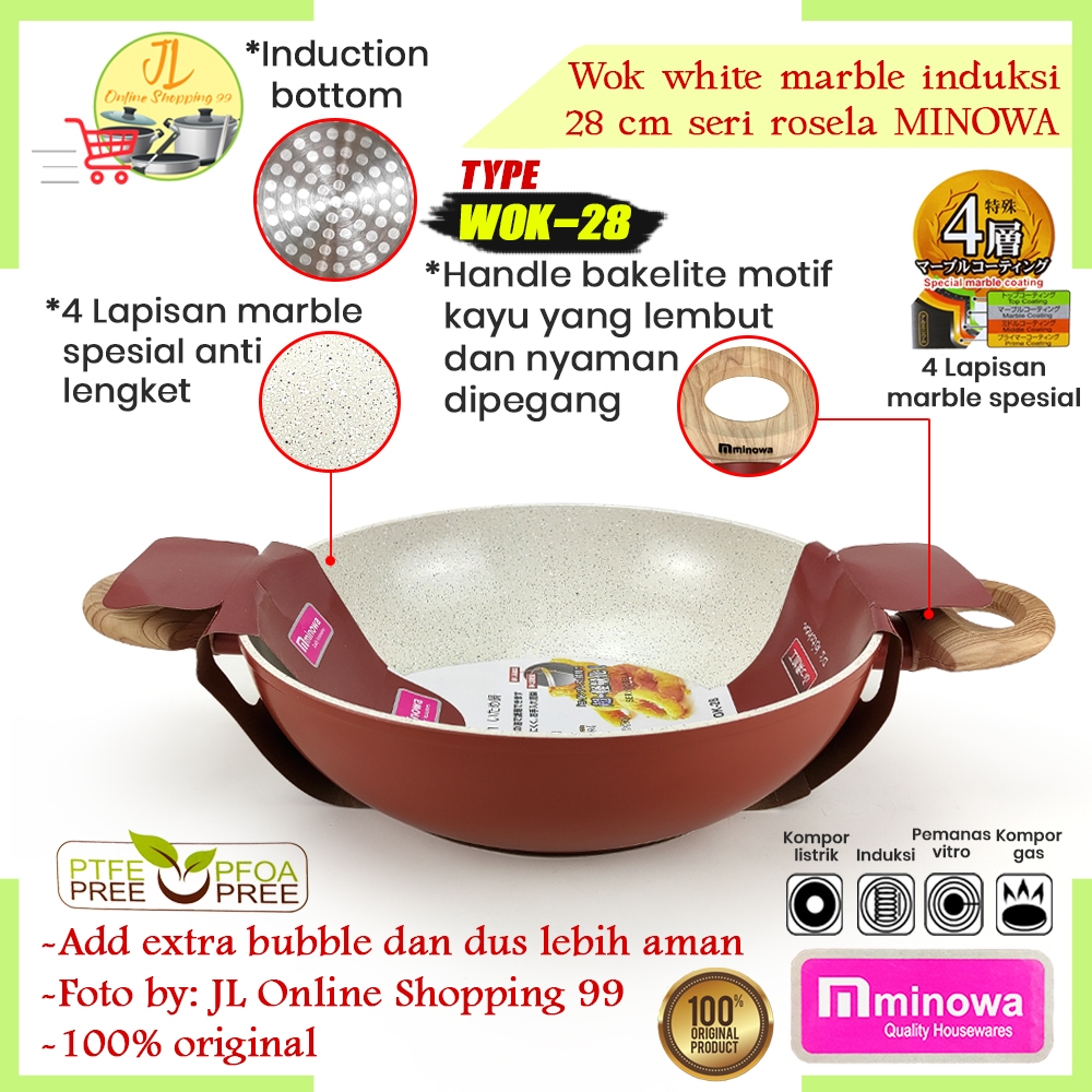 MINOWA wok 28cm white marble series rosela ceramic anti lengket WK-28 / wajan penggorengan / kuali l