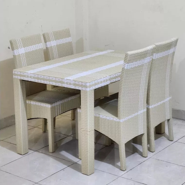 [ BEST SELLER ] Meja Makan Rotan Sintetis / Meja Makan Isi 4 Kursi / Meja Makan Set Anyaman Rotan Si