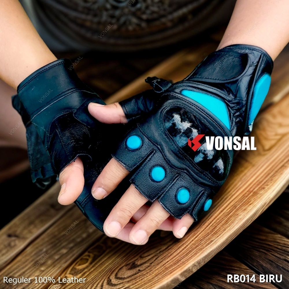 Sarung Tangan Kulit Motor Jari Bolong Warna Biru - RB014