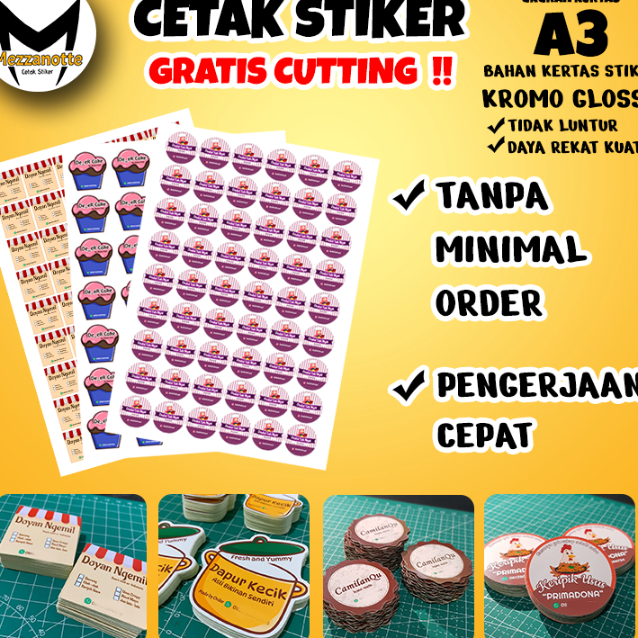 

Stok Banyak Cetak Stiker (TANPA MINIMAL ORDER) Label Kemasan Print dan Cutting Bahan Stiker Kromo ukuran A3