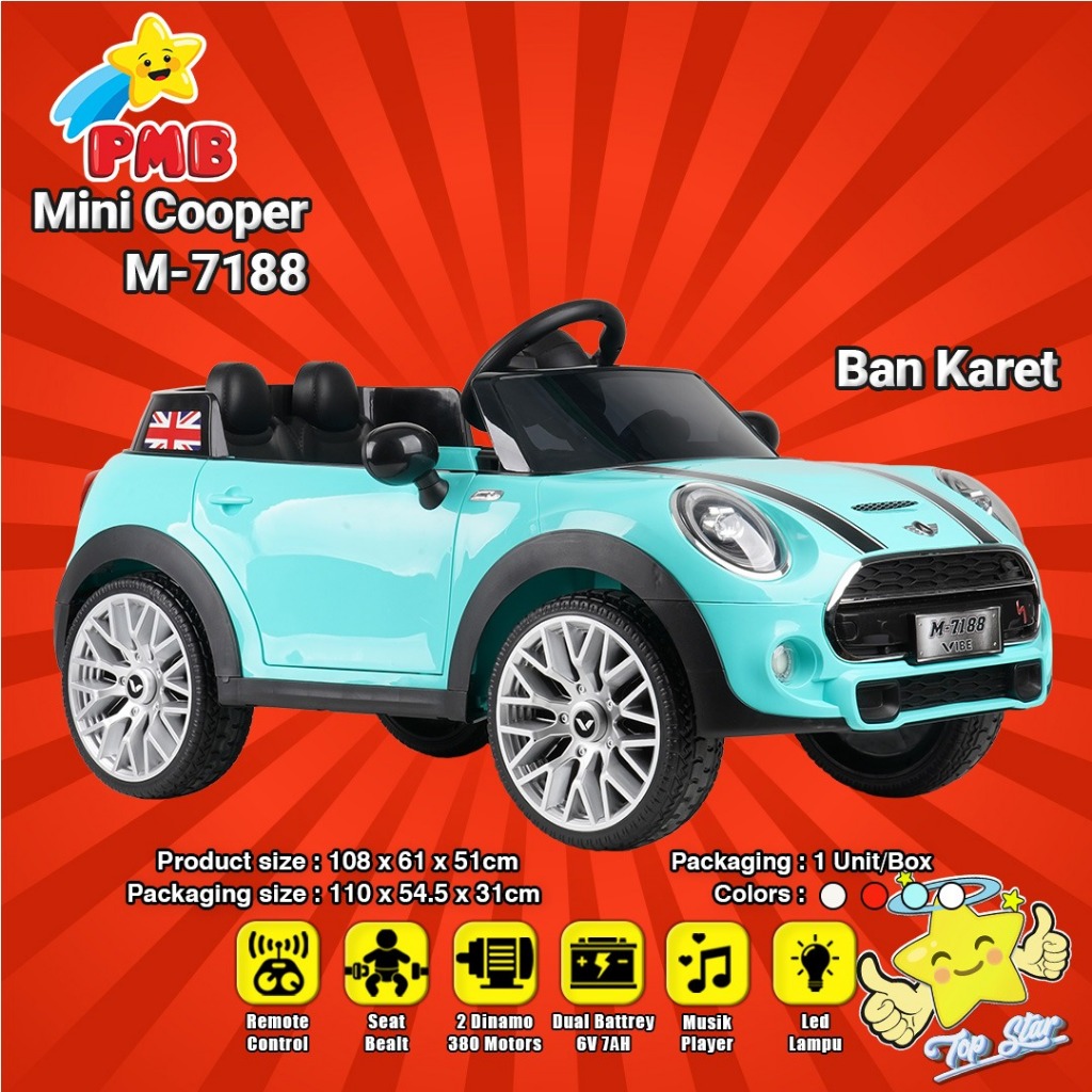 Mainan Anak Mobil Aki BAN KARET PMB Mini Cooper M7188 EVA VIBE // Mobil Aki Remot dan Manual
