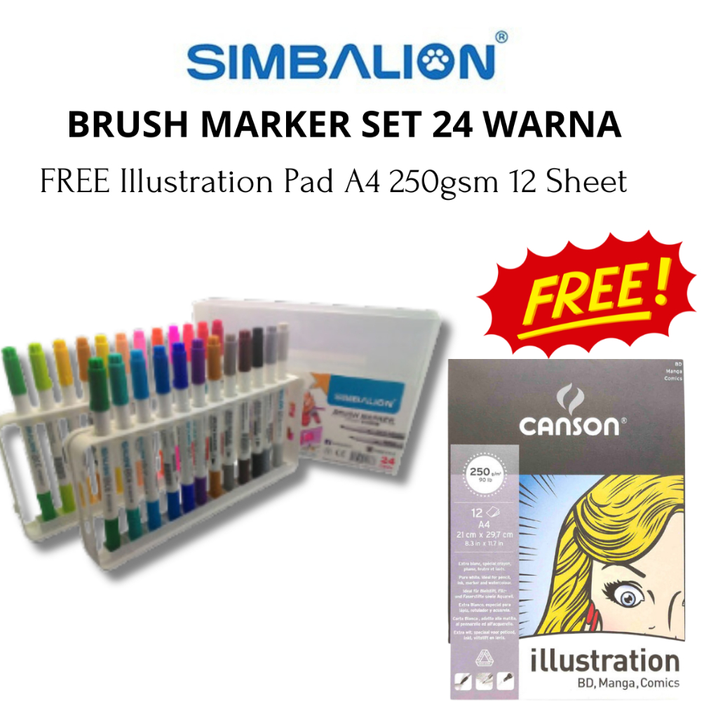 

SIMBALION Brush Marker Set 24 Colors FREE CANSON Illustration Pad A4