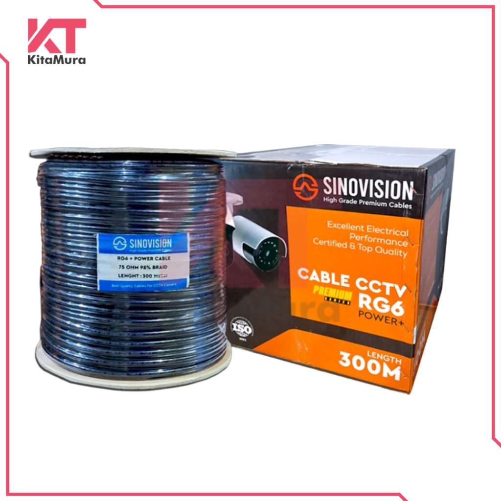 Kabel Coaxial CCTV Sinovision RG6 Plus Power 300M / 300 Meter HITAM Outdoor