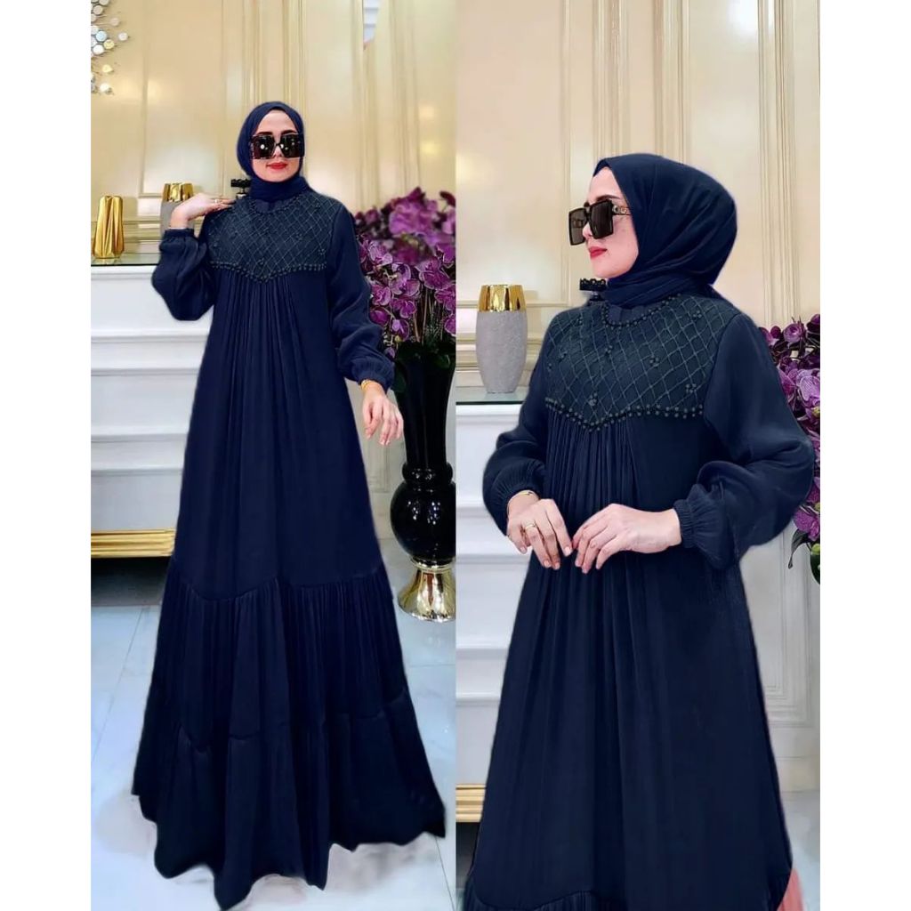 Rahila Dress / Gamis Muslim Wanita Matt Santorini / Dress Wanita Aplikasi Brukat Mix Payet Kekinian / Terlaris