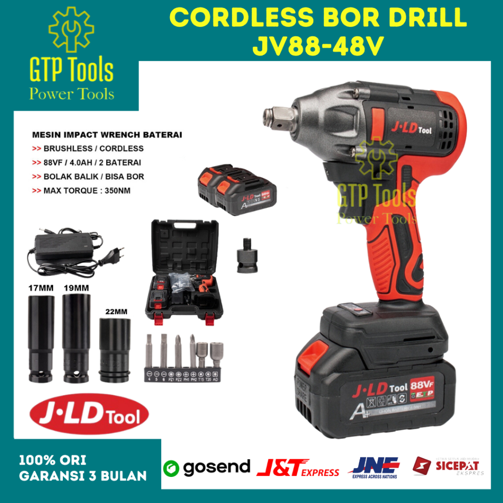 GTP Tools - JLD CORDLESS IMPACT WRENCH BRUSHLESS 350N.M impact baterai 48VF MESIN BOR JV88 UNTUK BAU