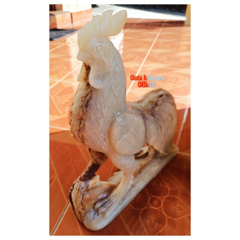 Patung Ayam Jago Batu Onix Bawean Motif Glosy Finishing Rapi Detail Mengkilap