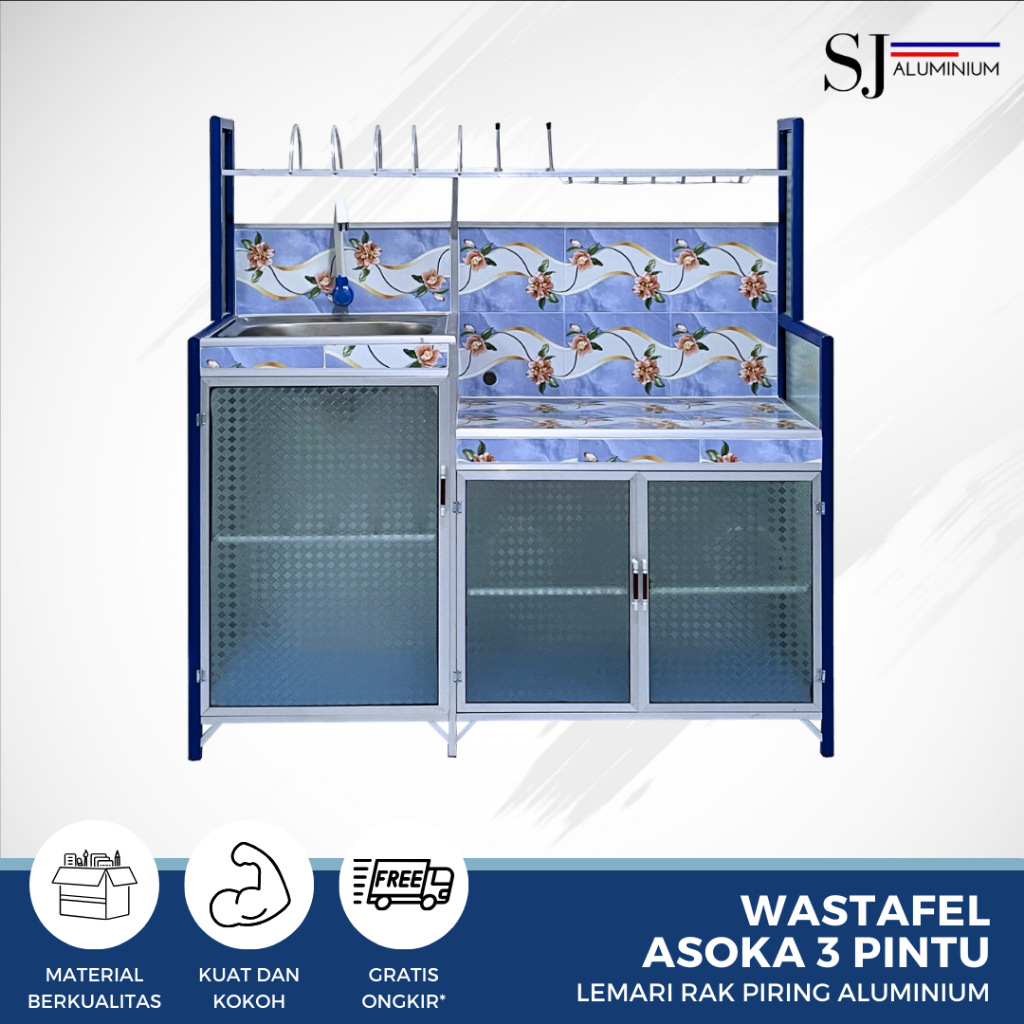 SJA - Rak Piring / Lemari Piring / Rak Dapur Kaca Aluminium - Wastafel Asoka 3 Pintu