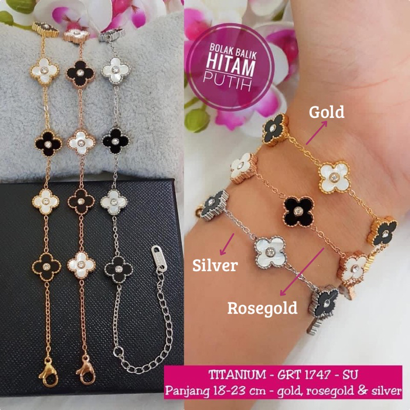 GELANG TANGAN CLOVER TITANIUM Titik Putih Tengah Dewasa Remaja Flexibel Trend