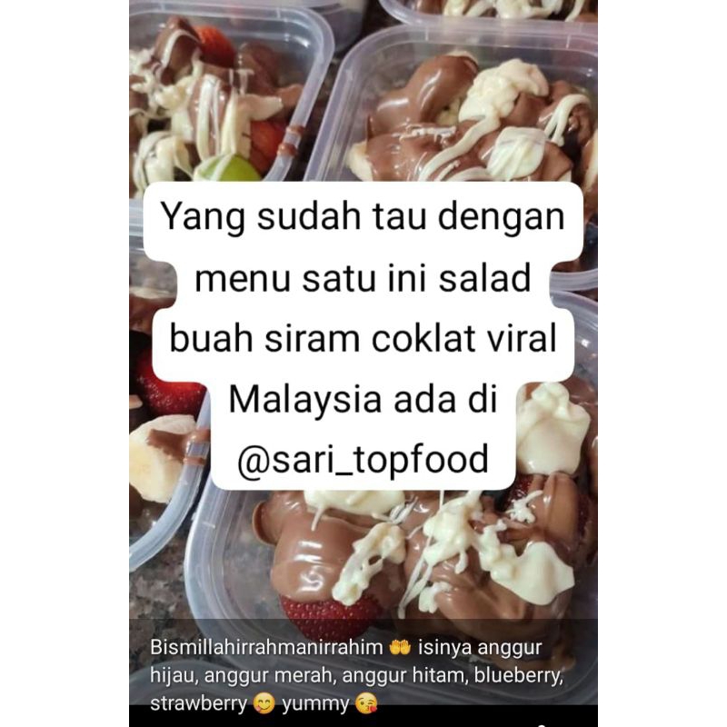 

Salad Buah Siram Coklat Viral di Malaysia/PO/Coklat Buah enak/ Buah coklat enak/Salad anggur/Salad Strawberry/salad bluberry/salad anggur hijau/salad anggur merah/salad anggur hitam/salad buah siram coklat import