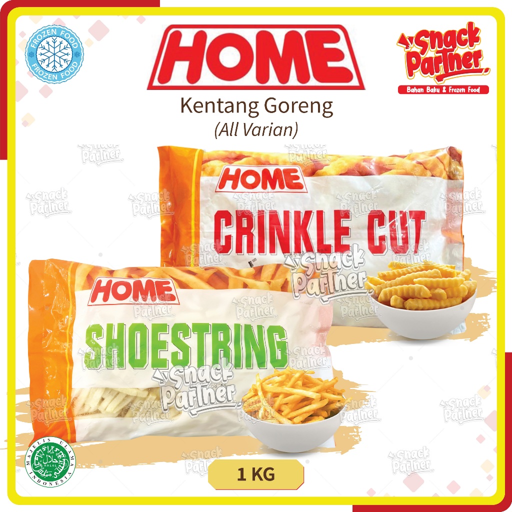 

HOME French Fries / Kentang Goreng 1 KG - Straight / Crinkle Cut / Shoestring - FROZEN FOOD - Kentang Potong-Potongan Lurus / Gelombang / Panjang