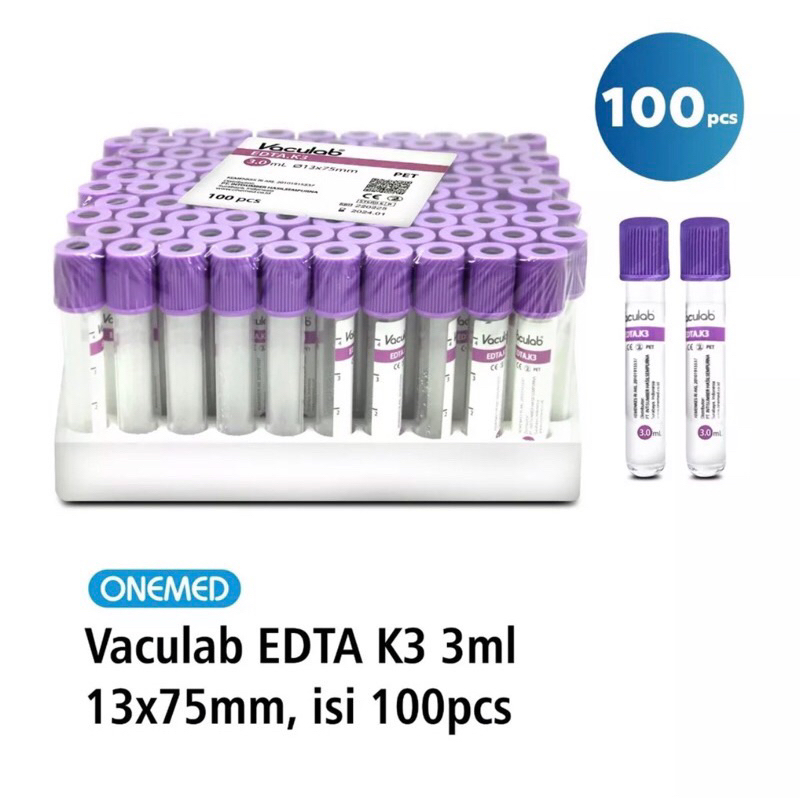 Tabung Darah Vaculab EDTA 3ML K3 OneMed Tabung EDTA Vacutainer UNGU