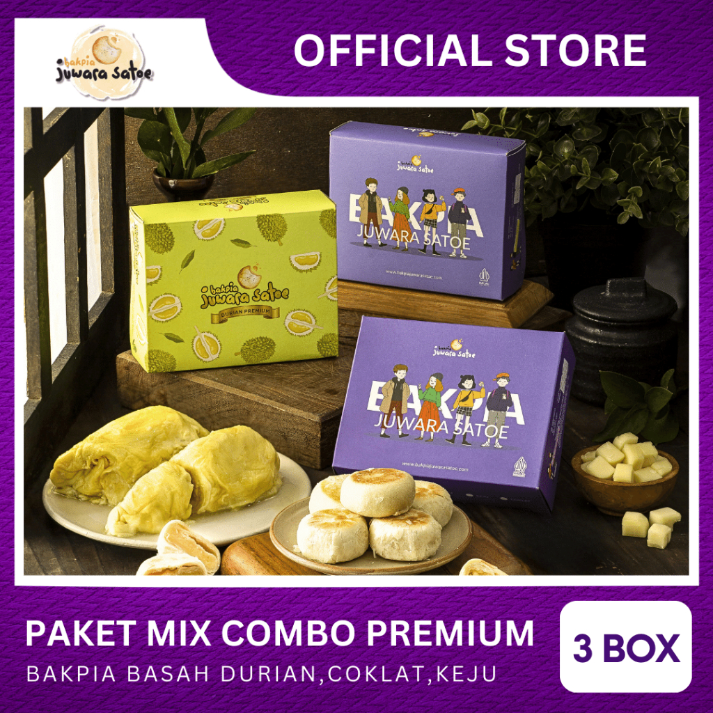 

[ 3 BOX ] PAKET MIX COMBO PREMIUM BAKPIA BASAH ( Durian, Coklat dan Keju ) - JUWARA SATOE