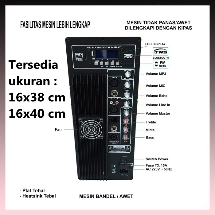 POWER KIT MESIN SPEAKER AKTIF 15in 12in USB BLUETOOTH 1000 WATT TWS