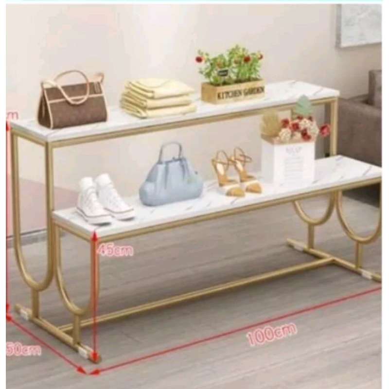 RAK TAS SEPATU ETALASE GOLD PAJANGAN EMAS BUTIK DISPLAY MEJA MALL MEJA OBRAL CUSTOM MADE ETALASE LEM